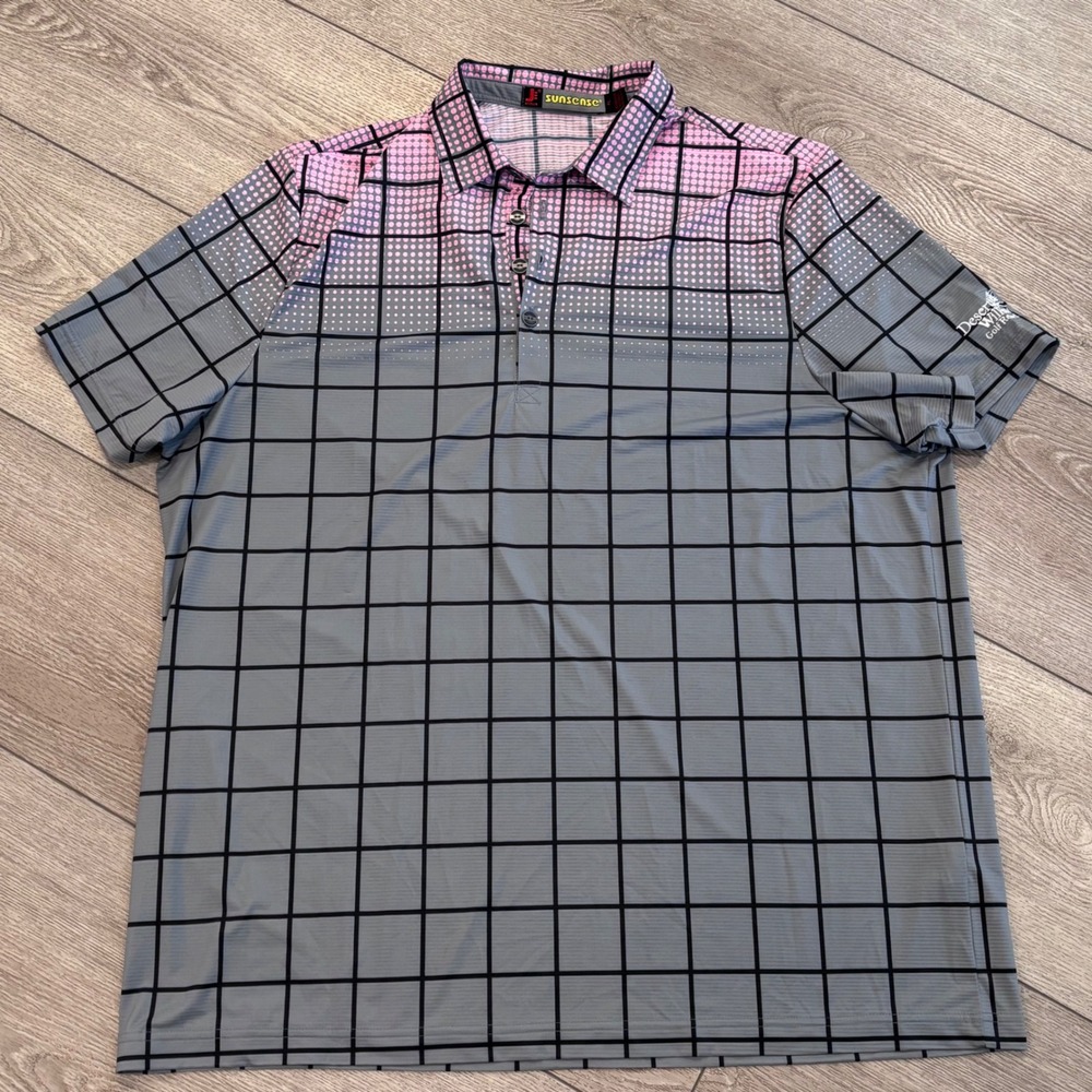 Jamie Sadock Polo Shirt Mens XL Grey Pink Sunsense Grid Dot Golf Pickleball